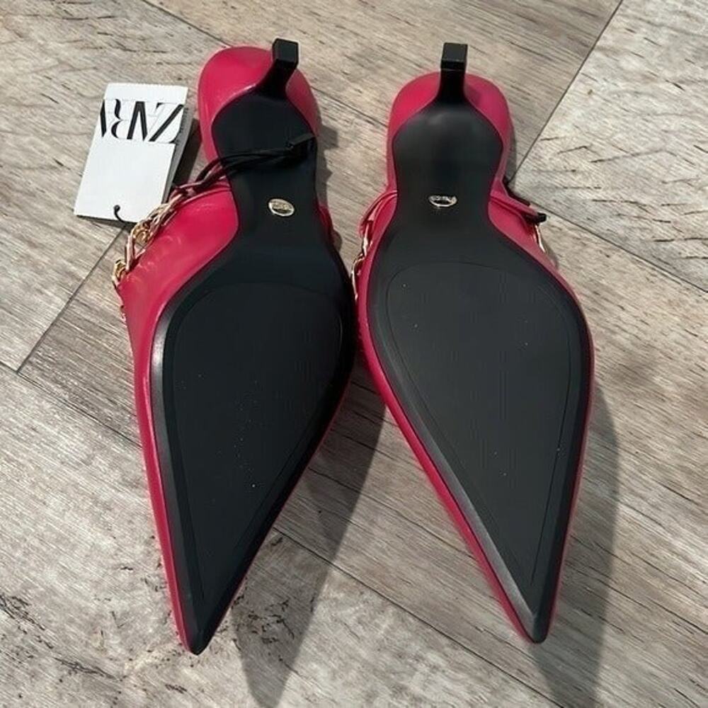 ZARA Pink Chain Strap Mule Heels NWT Pointed Toe Kitten Heel Pumps Size 8 - Picture 14 of 16
